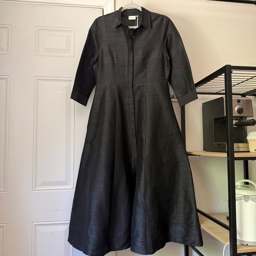 NWT JULIA AMORY black silk taffeta full skirt button up long sleeve maxi dress